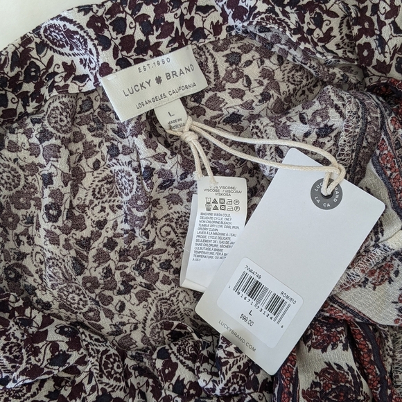 Lucky Brand Blouse Peasant Paisley Floral Print Long Sleeve Burgundy Navy L NWT - Picture 11 of 11